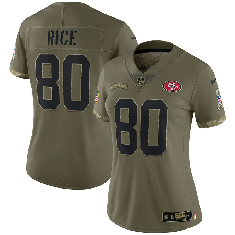 Women's San Francisco 49ers Jerry Rice Nike Olive 2022 Salute To Service Retired Player Limited Jersey 1 Women's San Francisco 49ers Jerry Rice Nike Olive 2022 Salute To Service Retired Player Limited Jersey
